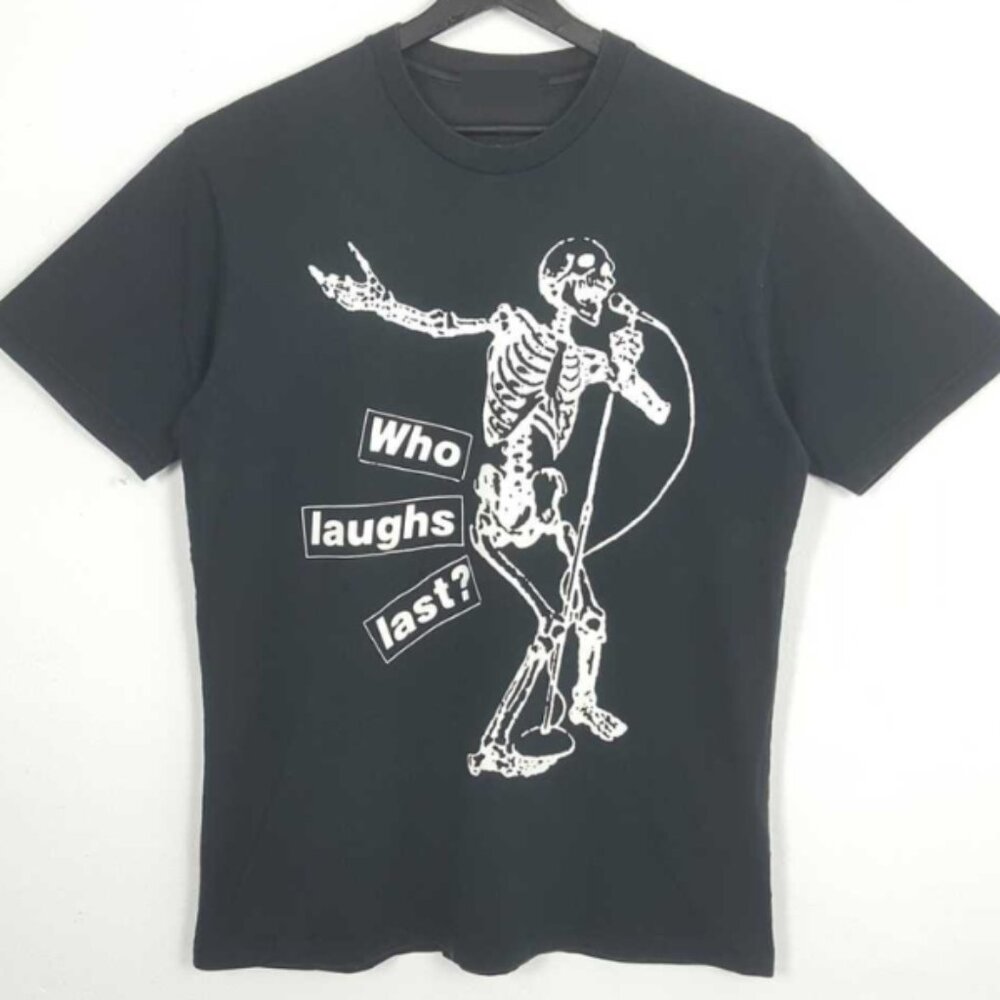 Skeleton Mic Graphic T-Shirt – Who Laughs Last – Punk Rock Shirt Black